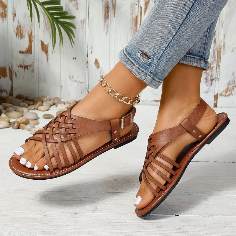 Women Fashion Casual Summer 2023 New Flat Solid Color Shoes Crisscross Ankle Strap Summer Beach Sandals