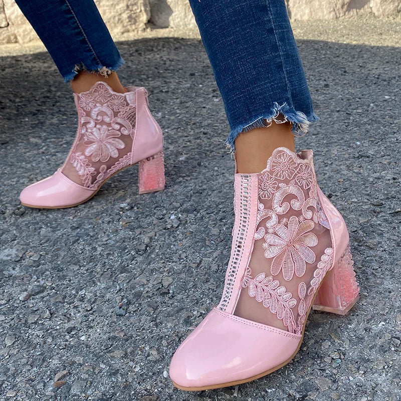 Rimocy Sexy Black Mesh Embroider Ankle Boots for Women Summer 2020 Crystal Square Heels Boots Woman white Lace Short Botas mujer