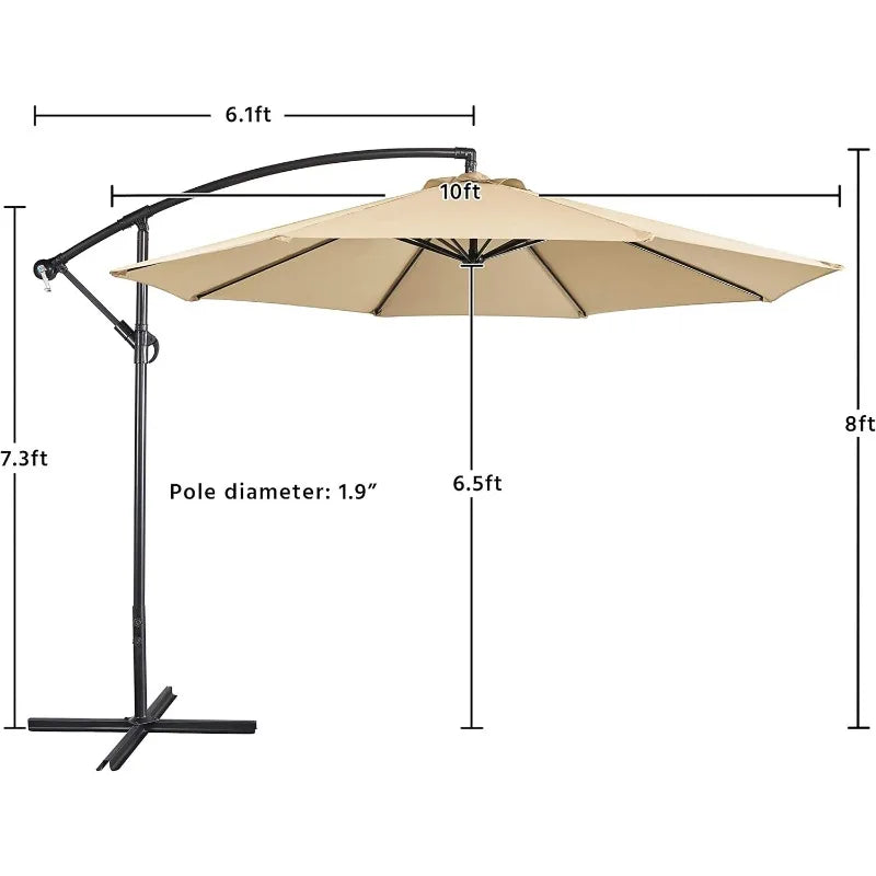 10FT Patio Offset Umbrella - Cantilever Hanging Outdoor Umbrellas w/UV Protection & 8 Ribs & Handy Crank & Cross Base for Marke