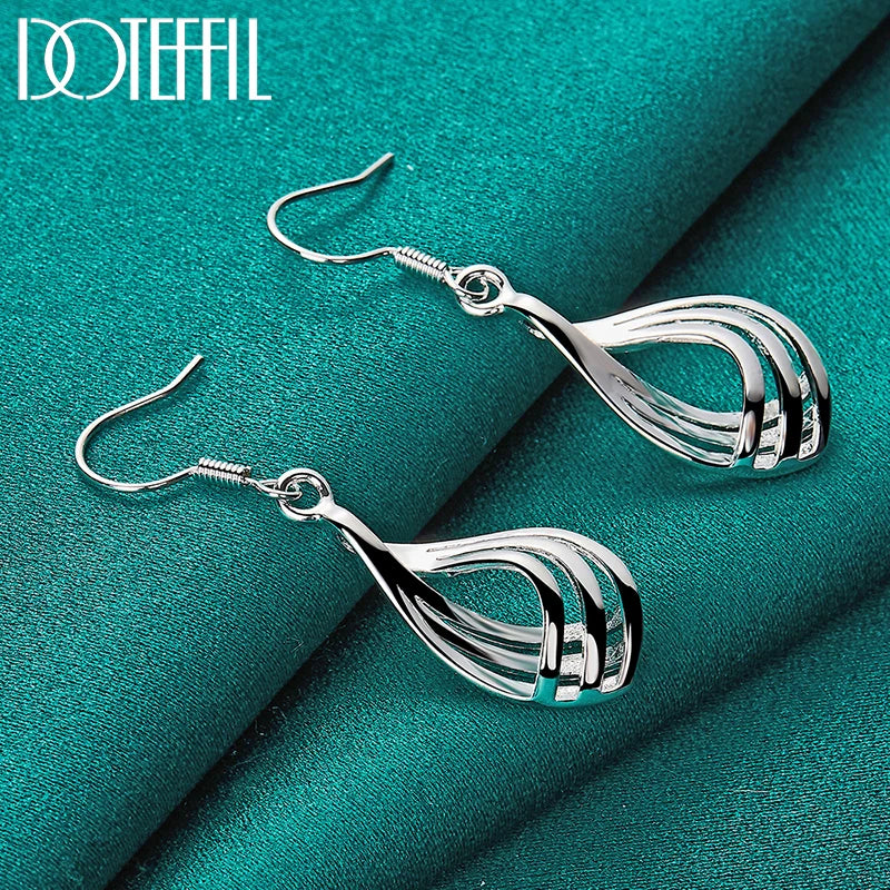 DOTEFFIL 925 Sterling Silver Third line Water Drops Earrings For Woman Best Gift Wedding Engagement Party Jewelry