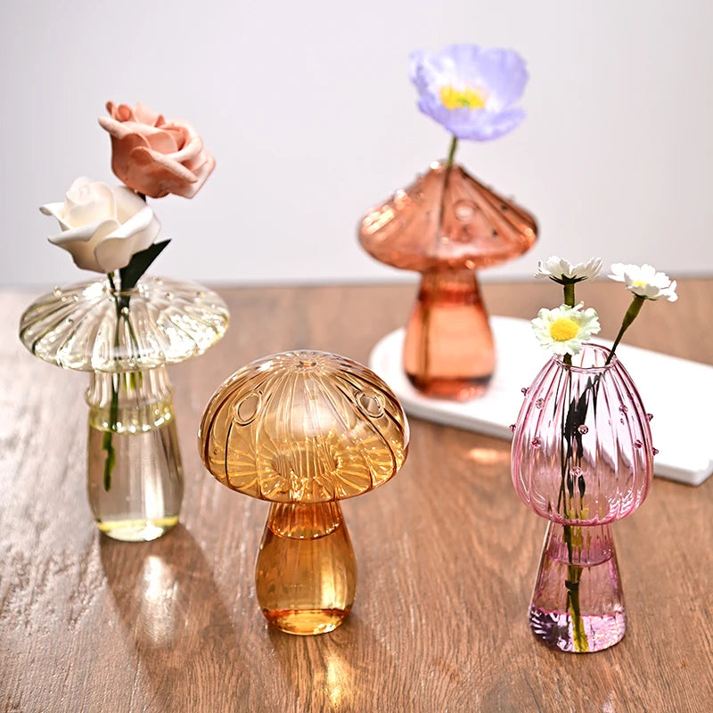 Mushroom Glass Flower Vase  Decorative Hydroponic Vase Flower Vase Room DecorationDesktop Decoration Ornament DIY Bottle Decor