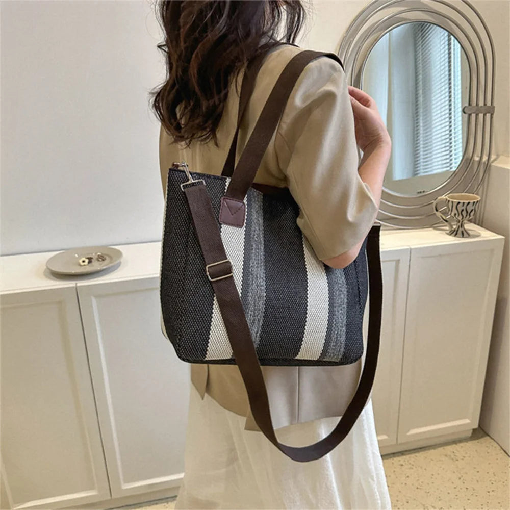 Women's Canvas Shoulder Bags Eco Reusable Striped Shopper Fashion Print Large Capacity Handbags Casual Simple Bag for Students