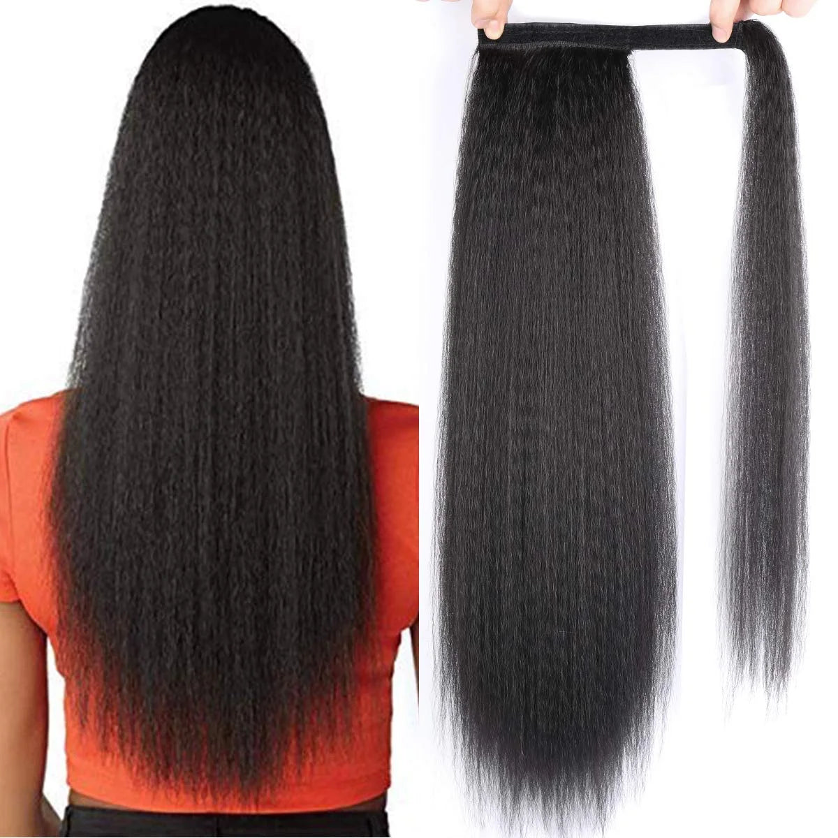 Synthetic Long Kinky Straight Ponytail Extension for Black Women Yaki Wrap Arpund Hair 24 Inch Clip in Magic Paste Black Tail