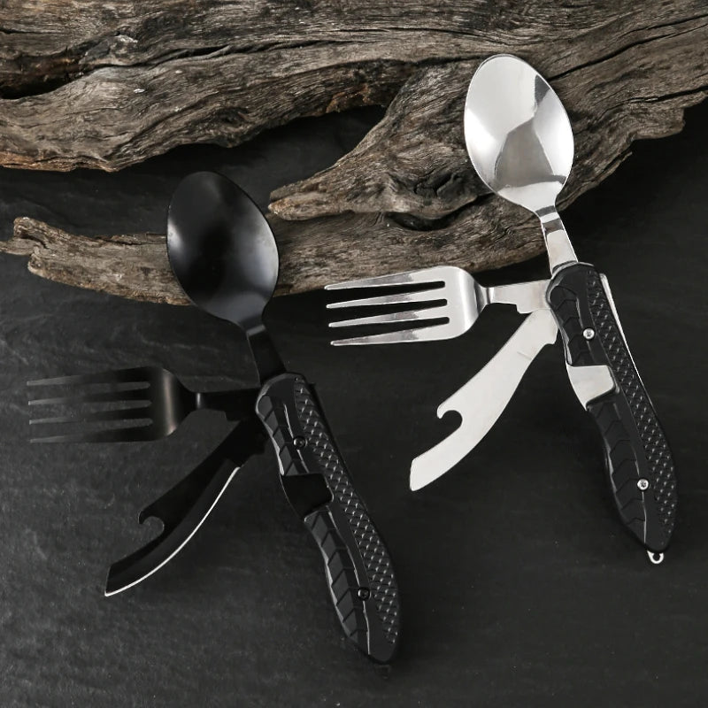 Outdoor Camping Utensils Portable Stainless Steel Foldable Spoon Fork Knife Bottle Opener Combo Set Cutlery Tableware Multitool