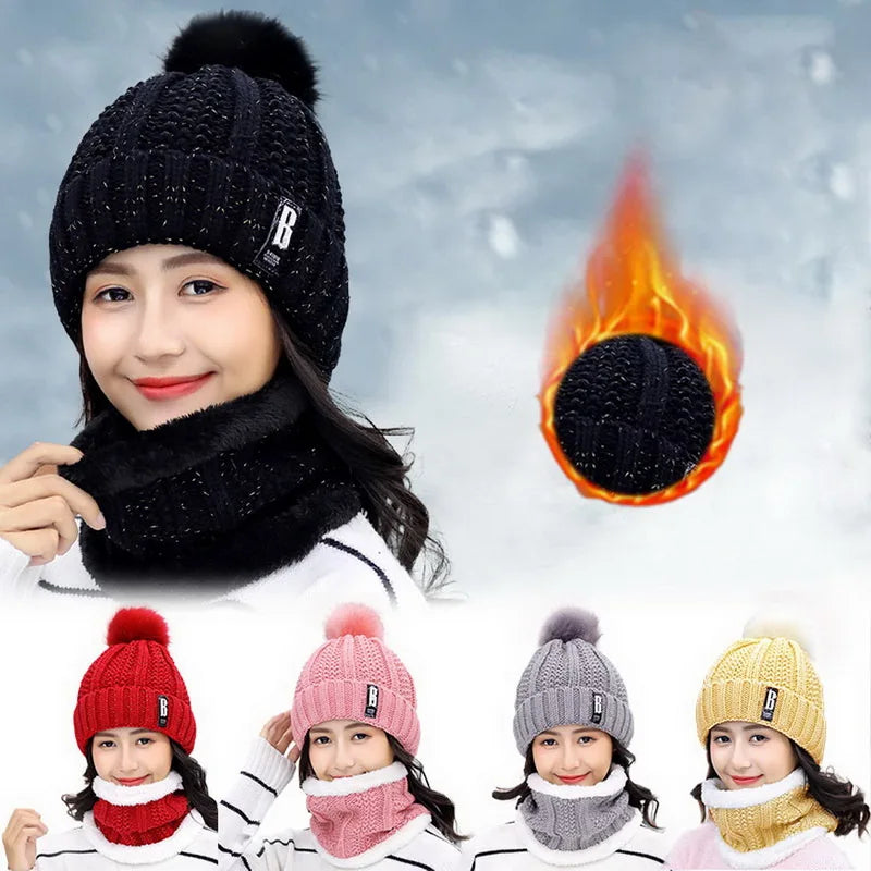 Winter Knitted Scarf Hat Set Thick Warm Skullies Beanies Hats for Women Outdoor Cycling Riding Ski Bonnet Caps Tube Scarf Rings