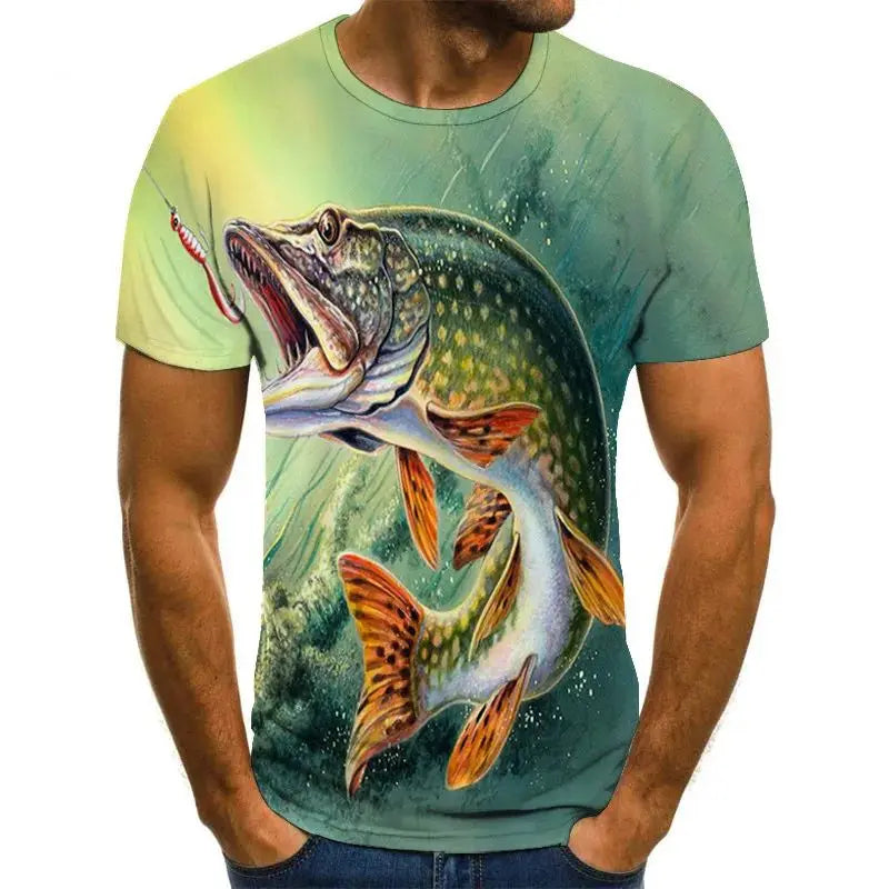 Summer Men's Casual Outdoor Fishing Pattern T-Shirt Fashion Creative 3d Printed O Collar Short Sleeve Street Personality Blazer