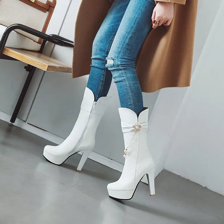 Autumn And Winter New fashion zipper Crystal Flower Thick heel High heel Middle tube Women's Boots high 10cm plus size 35-43