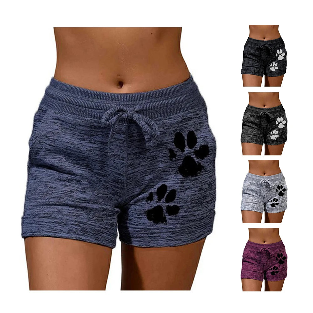 Casual Shorts Women High Waist Cats Claw Print Drawstring Quick Dry Elastic Sports Shorts Gym Women's Clothing