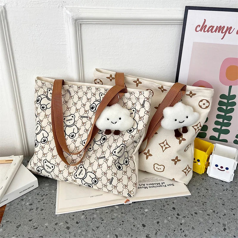 Cute Cartoon Bear Funny Print Women Shoulder Canvas Bag New Punk Casual Fashion Large Tote Bag