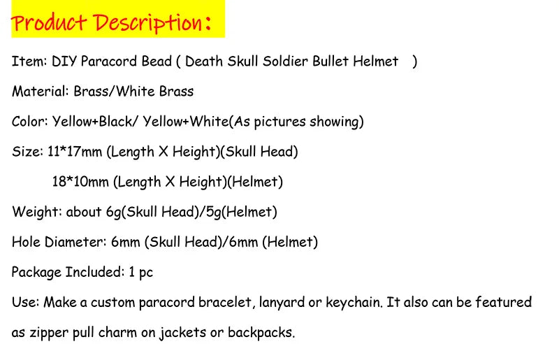 Death Skull Soldier Bullet Helmet Brass Knife Beads EDC Outdoor Punk DIY Paracord Bracelets Woven Lanyard Pendants Accessories