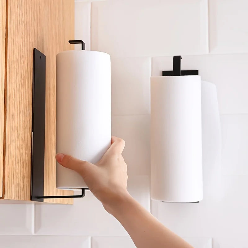 Kitchen Carbon Steel Paper Towel Holder No Punch Cabinet Paper Shelf Household Roll Paper Hanger Plastic Wrap Rag Storage Rack