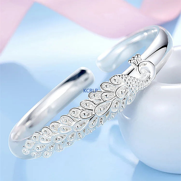 KCRLP 925 sterling silver elegant Peacock opening screen bracelet Bangles for women fashion party wedding  jewelry gift