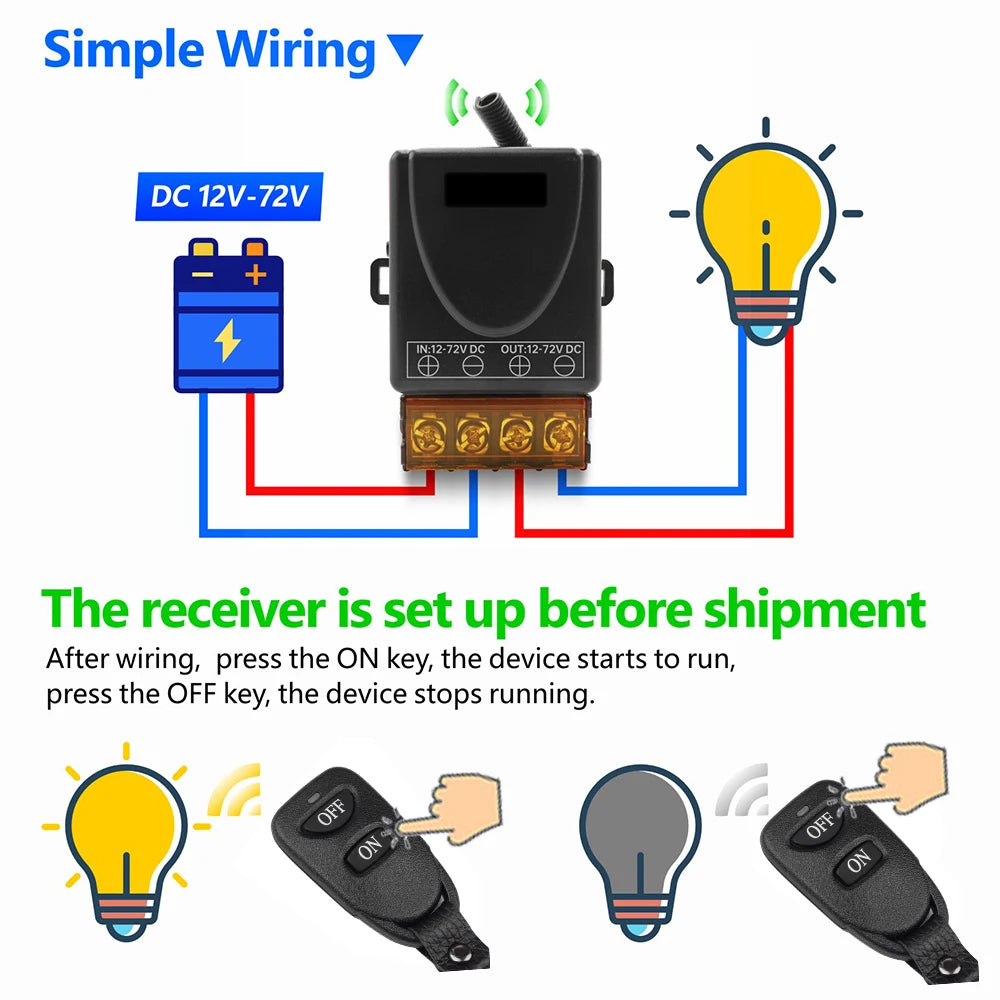 433Mhz DC 12V 24V 36V 48V 30A Relay Wireless Remote Control Switch RF Transmitter On Off Button for Water Heaters Ceiling Lamp