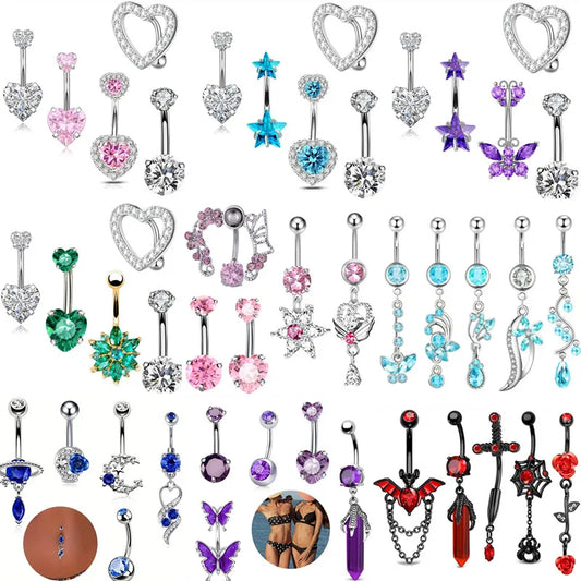 5PCS Pink Crystal Belly Button Rings Set Purple Heart Navel Piercing Bulk Green Flower Belly Rings Packs Piercing Ombligo Lots