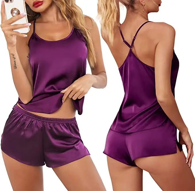 Women's Sleepwear Sexy Lace Satin Pajama Sets Nightwear Sleeveless Tops+Shorts 2 Pcs Sets Pyjama Sets For Women Pijama