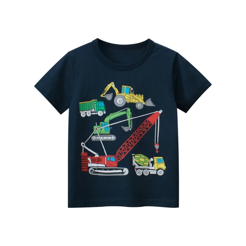 2024 Summer New Children's Short Sleeved T-shirts Boys Clothing Cartoon Vehicles Excavators Cotton Tops Tee Shirts Kids Clothes