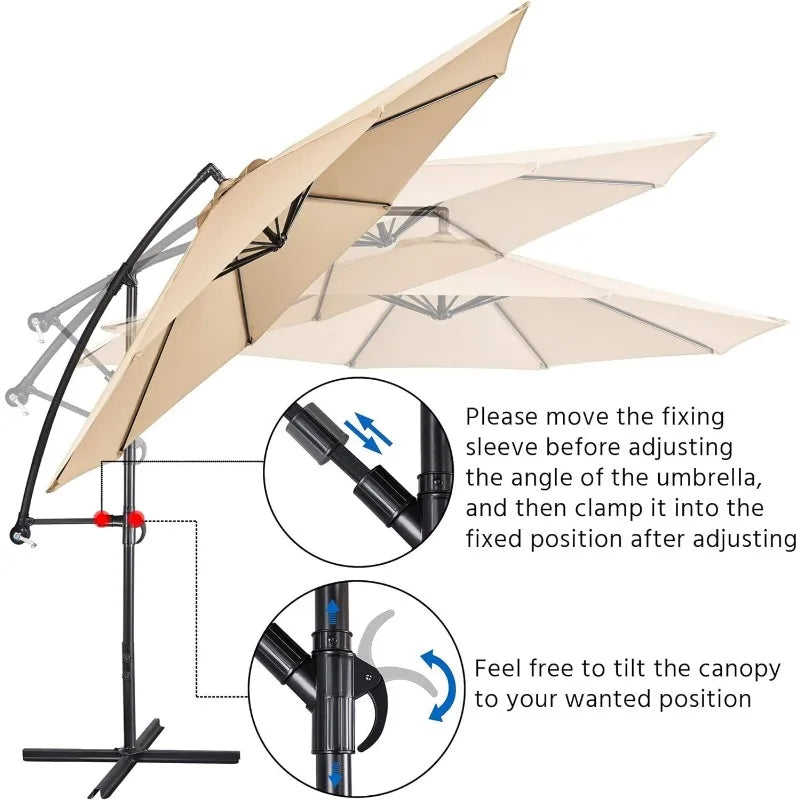 10FT Patio Offset Umbrella - Cantilever Hanging Outdoor Umbrellas w/UV Protection & 8 Ribs & Handy Crank & Cross Base for Marke