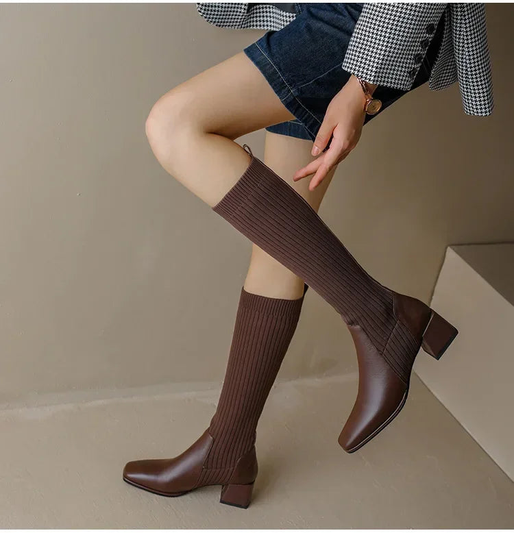 Autumn Winter Knitted Long Boots Women New Knee High Socks Shoes Women Fashion Slip on High Heels Retro Elastic Botas Mujer 202