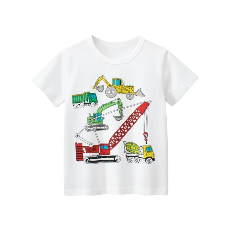 2024 Summer New Children's Short Sleeved T-shirts Boys Clothing Cartoon Vehicles Excavators Cotton Tops Tee Shirts Kids Clothes