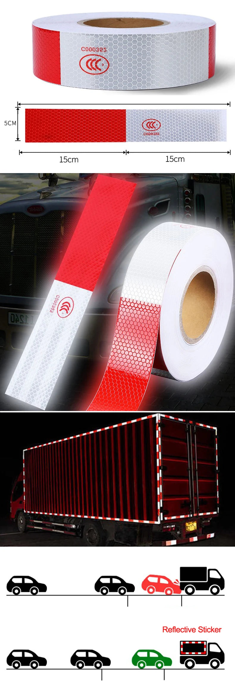 Width 5cm Red white Reflective Adhesive Tape Sticker For Truck Motorcycle Bicycle Car Styling