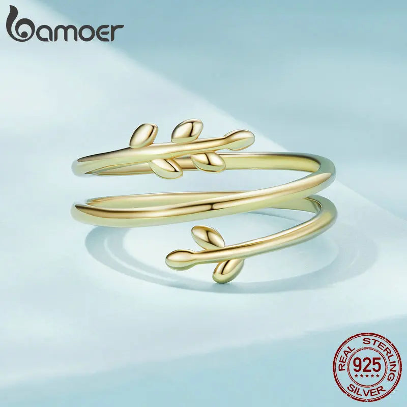 Bamoer 925 Sterling Silver Leaves Adjustable Ring Trendy Multilayer Leaf Open Ring for Women Fashion Jewelry Gift 2 Colors