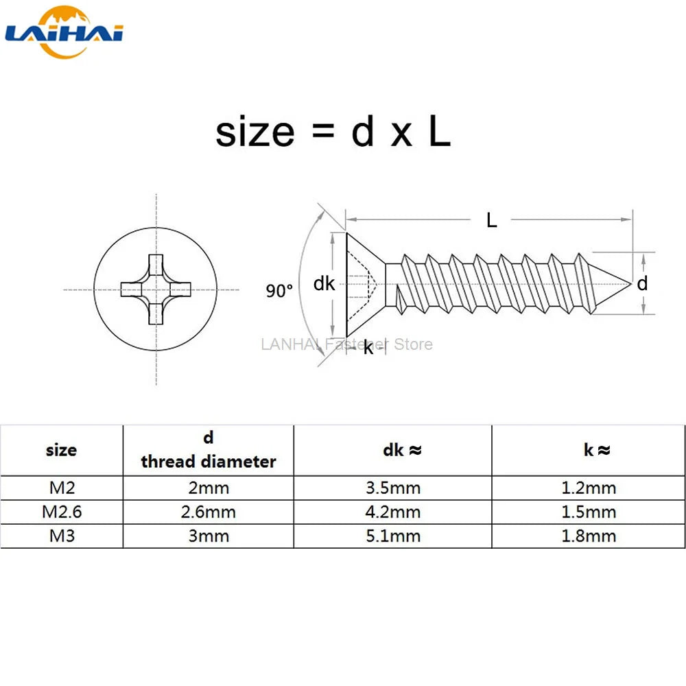 200pcs M2 M2.6 M3 Golden Silver Bronze Black Length 4-16mm 4 Color Steel Phillips Flat Countersunk Head Self-tapping Wood Screw