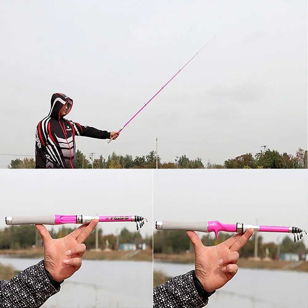 Short Telescopic Mini Fishing Rod Lure Fishing Pink 1.5m 1.8m 2.1m 2.4m Portable Spinning/Casting Jig Rods Travel Carbon Fiber