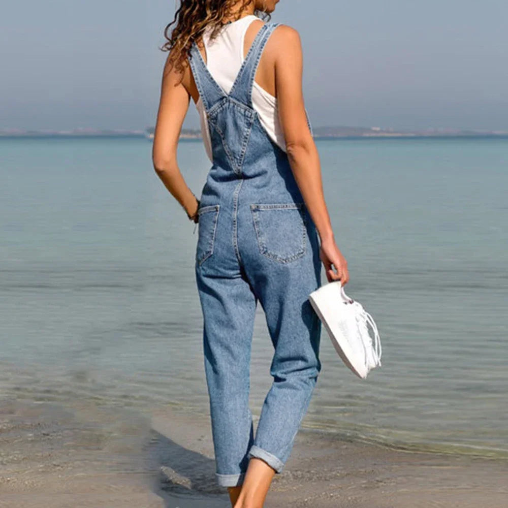 Blue Denim Overalls Jumpsuit Rompers Women Belted Hole Hollow Out E-girl Casual Work Pants Hot Y2k Jeans Long Pants Streetwear