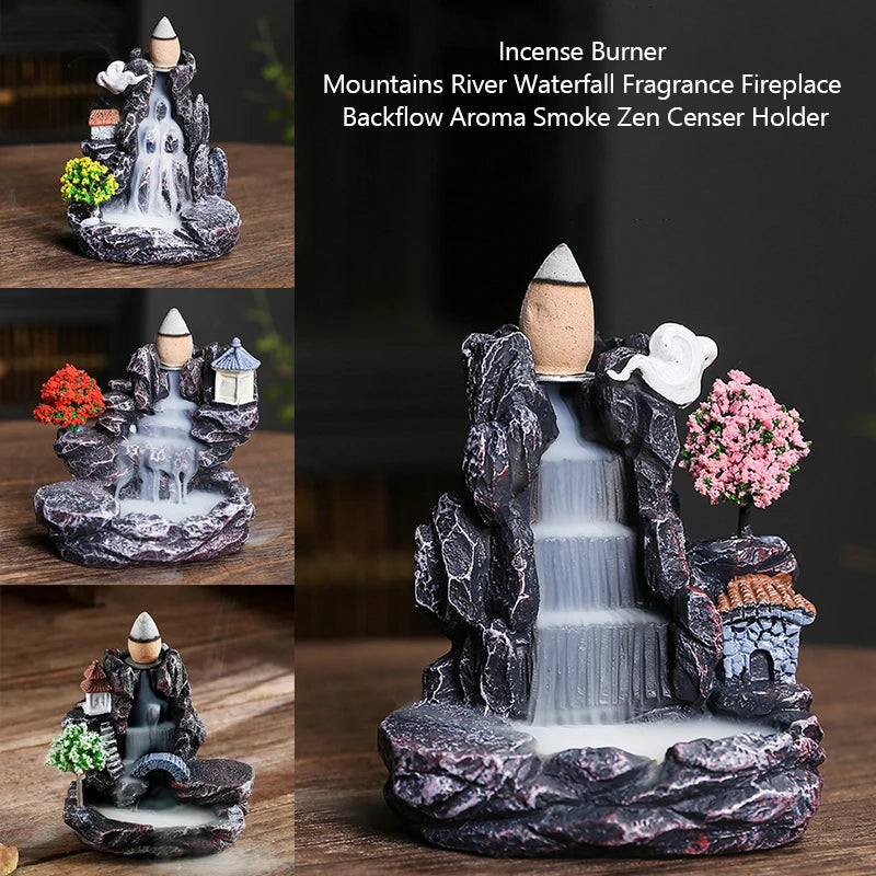 Incense Burner Zen Decoration for Home Yoga Room Backflow Aroma Smoke Fireplace Mountains River Waterfall Incense Burner Holder