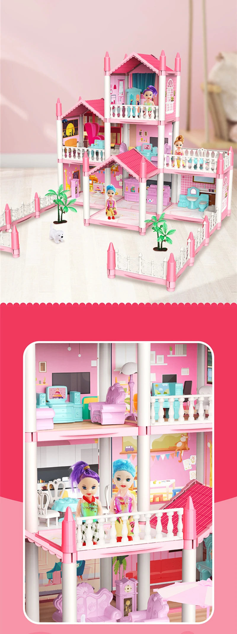 3D DIY Dream Princess Castle Villa Assembly Doll House Set Toy Girl Family Toy Children's Music Doll House Assembly Villa House