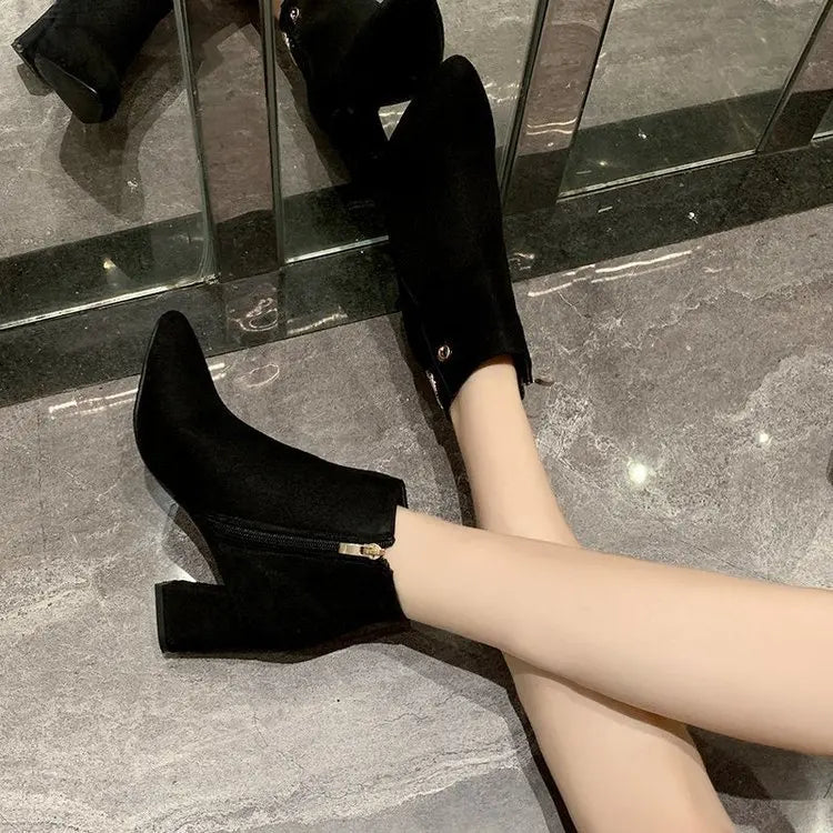 Women Ankle Boots Black Leather Fashion Ankle Boots Women Mid-heel Pointed Ladies Booties High Heel Short Wedding Boots