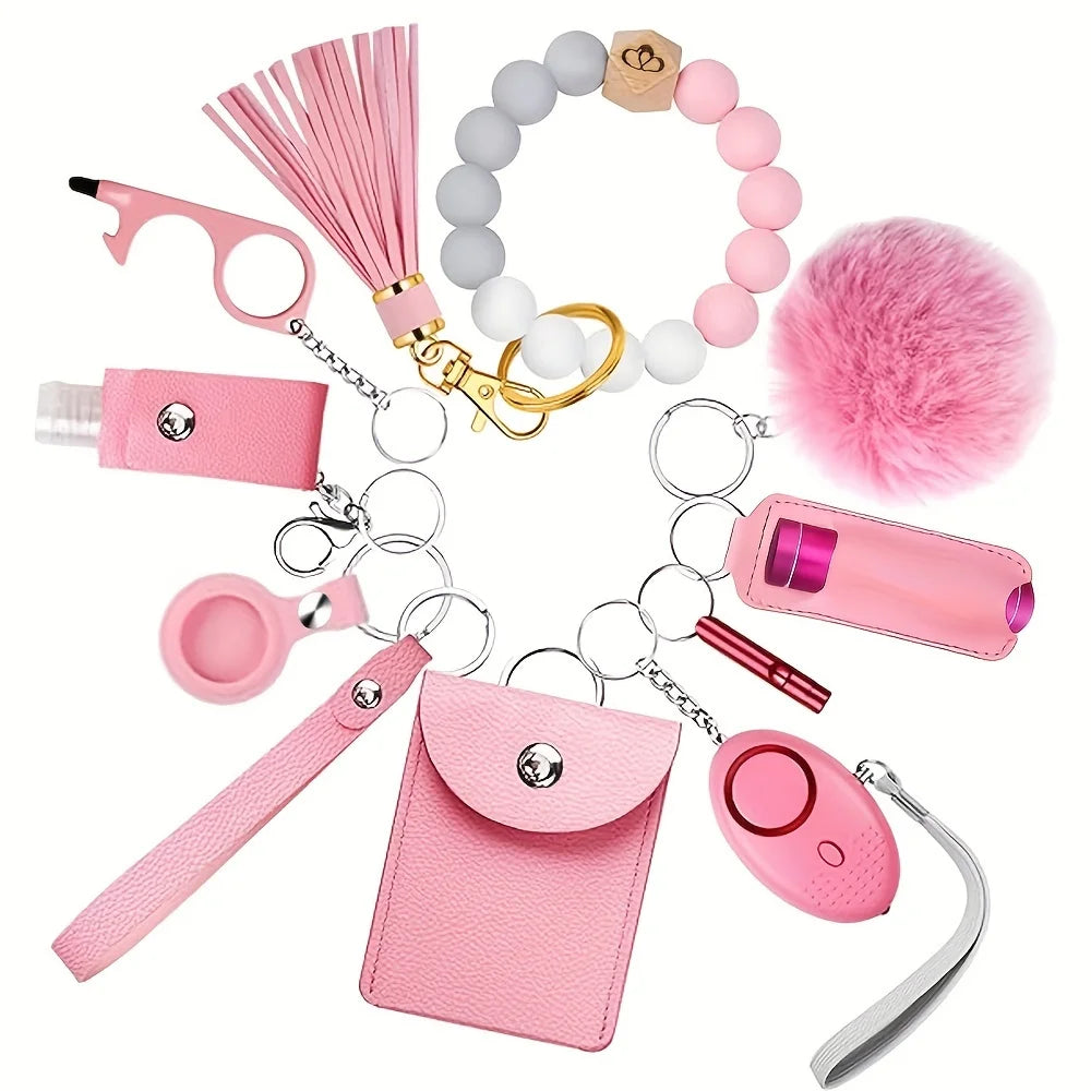 12pcs New Safety Keychain Set For Women With Gift Packaging, Women's Keyrings Set Made Of PU Faux Leather With Personal Alarm