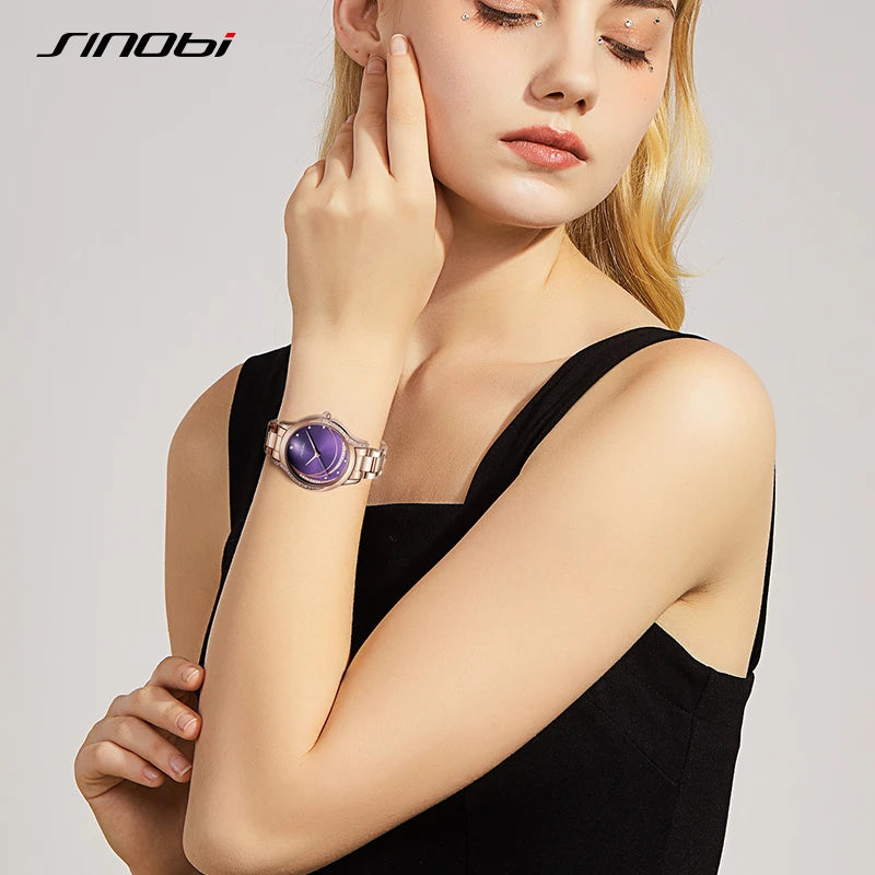 Sinobi Purple Golden Ladies Clock Fashion Diamond Luxury Woman's Quartz Wristwatches Original Design Lady Watches Girl Bracelet