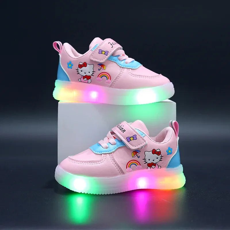 Sanrio LED Kids Shoes for Girls Cute Cartoon Hello Kitty Shoes Summer Girl Kawaii Shoes Soft Bottom Sneakers Casual Shoes