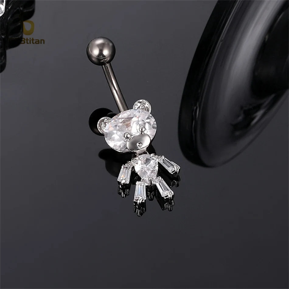 G23titan Bright Silver Color Zircon Bear Belly Piercing Ring 14G Titanium Navel Bar Body Jewelry Women Beach Vacation Accesories