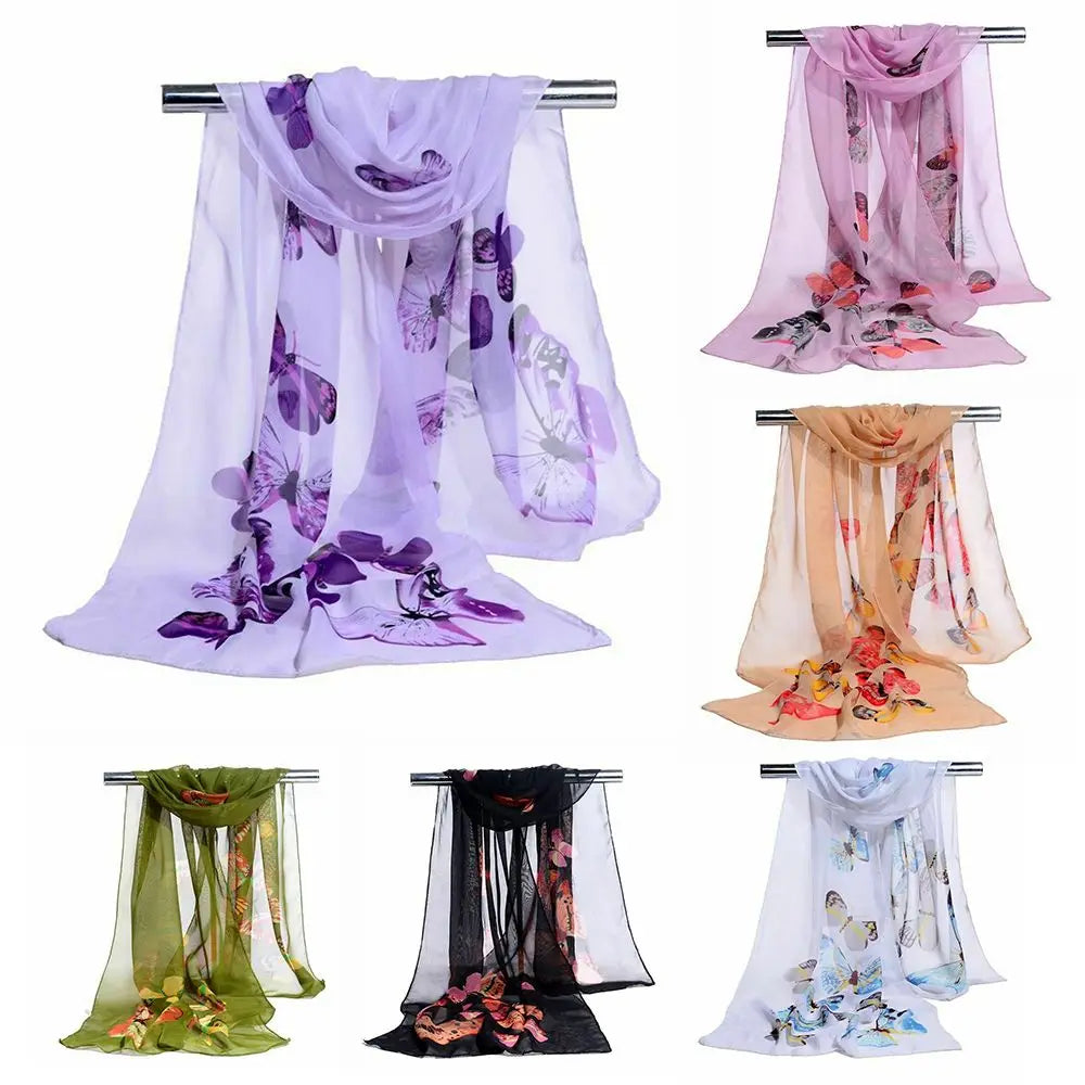 Elegant Silk Scarves Women's Butterfly Flower Print Long Chiffon Scarf Soft Wrap Lady Shawl New Trendy Fashion Accessories