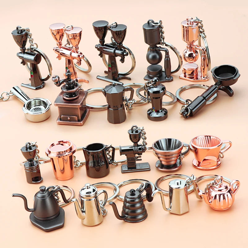 3D Mini Alloy Metal Coffee Equipment Key ring Moka Pot Coffee Cup Bucket Keyring Cafe Gift for Coffee Lovers Keychain Pendants