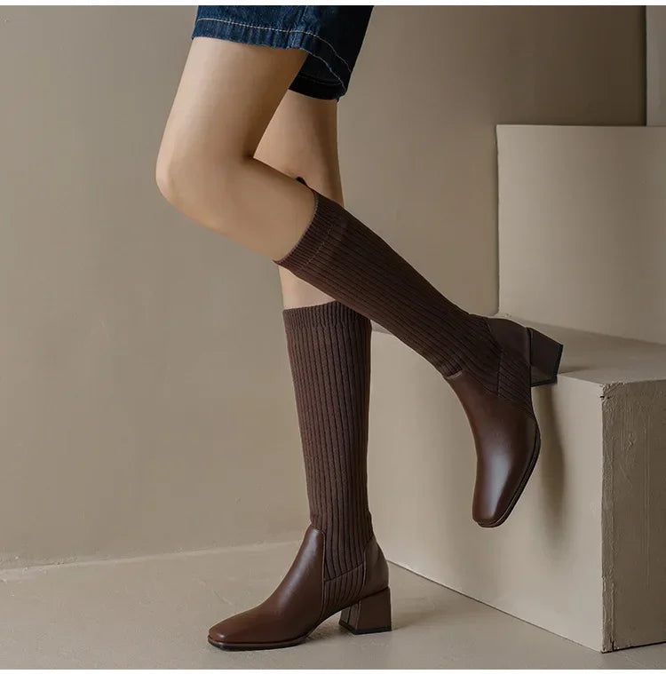 Autumn Winter Knitted Long Boots Women New Knee High Socks Shoes Women Fashion Slip on High Heels Retro Elastic Botas Mujer 202