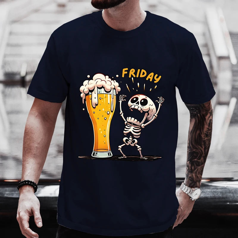 Men's T Shirt Skeleton Enjoying FRIDAY Beer Day Tees Men T-Shirt Finally Friday for Beer Lovers Male Clothes Short Sleeve Tops