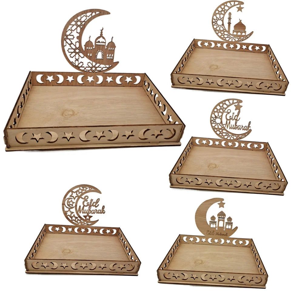 Eid Mubarak Wooden Tray Hollowed Moon Temple Food Holders for Ramadan Kareem Islamic Party Food Holder Al-Fitr Table Decorations