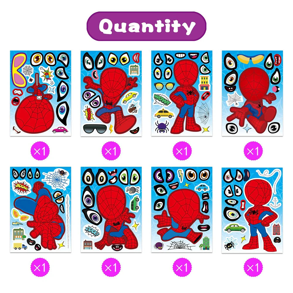 8/16Sheets Spider Man Puzzle Stickers For Boys Make-a-Face Toy Disney Marvel Kids Game Assemble Jigsaw Children Party Decoration