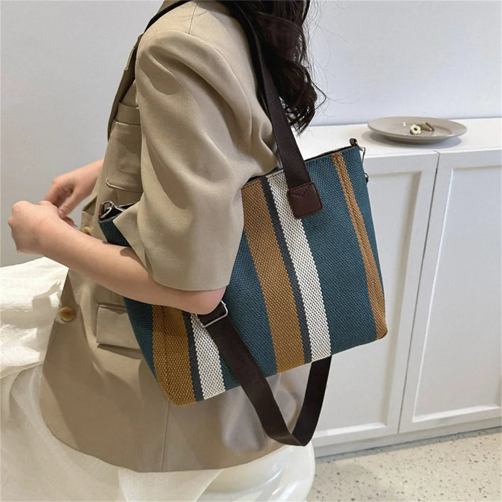 Women's Canvas Shoulder Bags Eco Reusable Striped Shopper Fashion Print Large Capacity Handbags Casual Simple Bag for Students