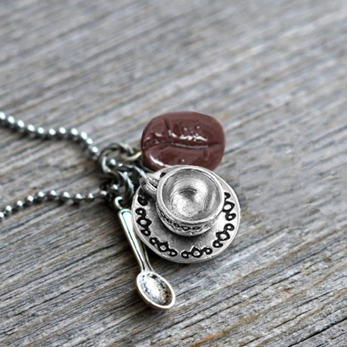 COFFEE BEAN NECKLACE, with Cup, Spoon, and Bean, Coffee Jewelry Gift for Coffee Lovers