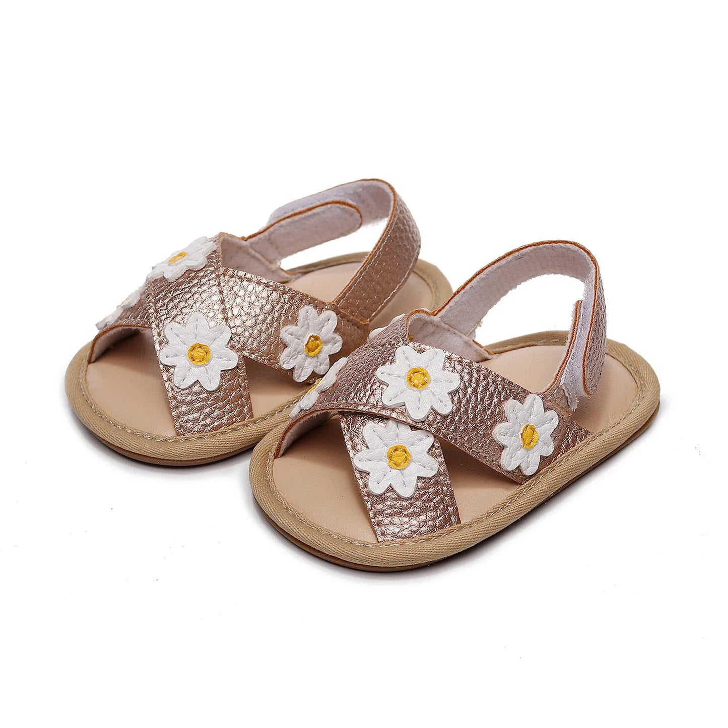 Baby Girls Anti-slip Flat Shoes, Floral Applique Pattern Soft Sole Sandals, White/ Golden/ Pink