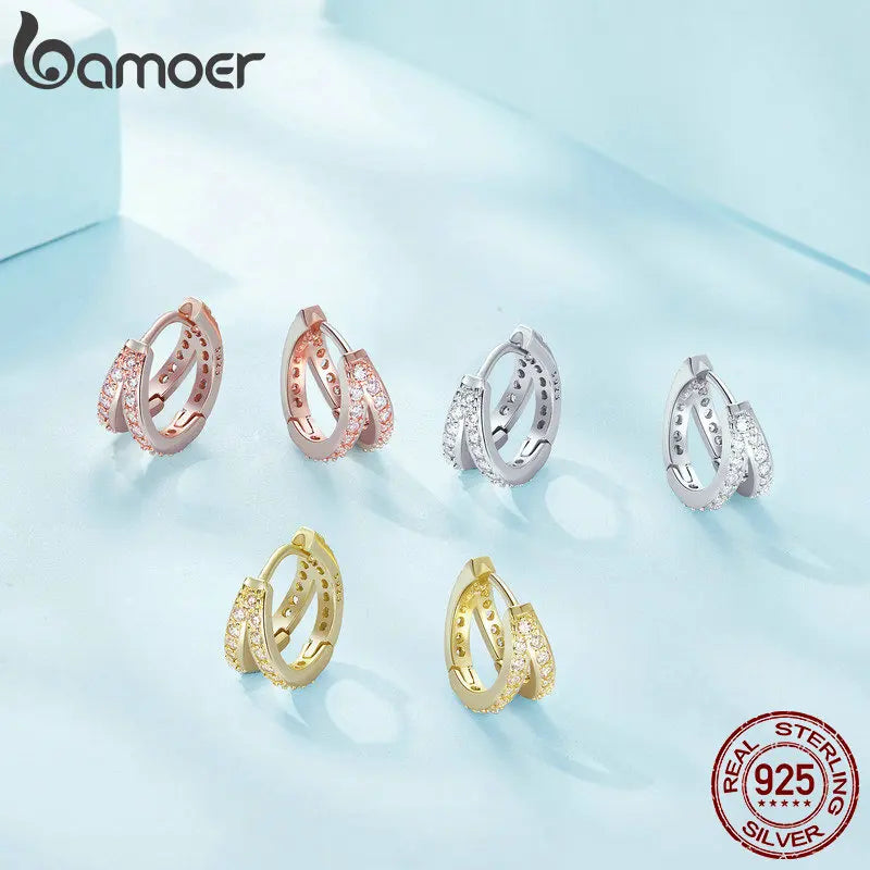 Bamoer 925 Sterling Silver Classic Geometry Earrings Women Zircon Crystal Double Rings Ear Hoop Earrings 3 Colors