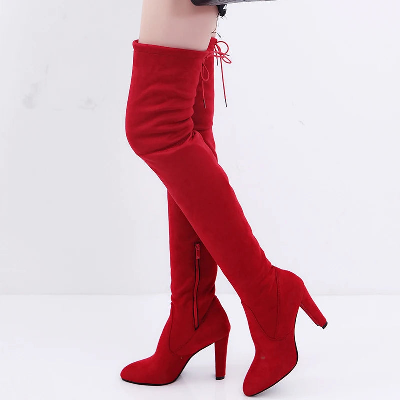 The Knee Women Boots Stretch Fabrics High Heel Slip On Shoes Pointed Toe Woman Long Boots Size Plus Size34-43