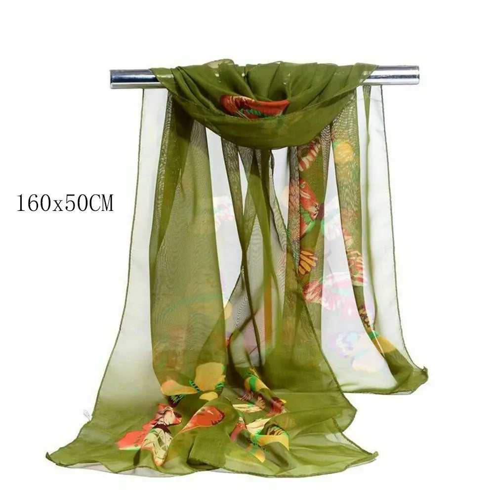 Elegant Silk Scarves Women's Butterfly Flower Print Long Chiffon Scarf Soft Wrap Lady Shawl New Trendy Fashion Accessories