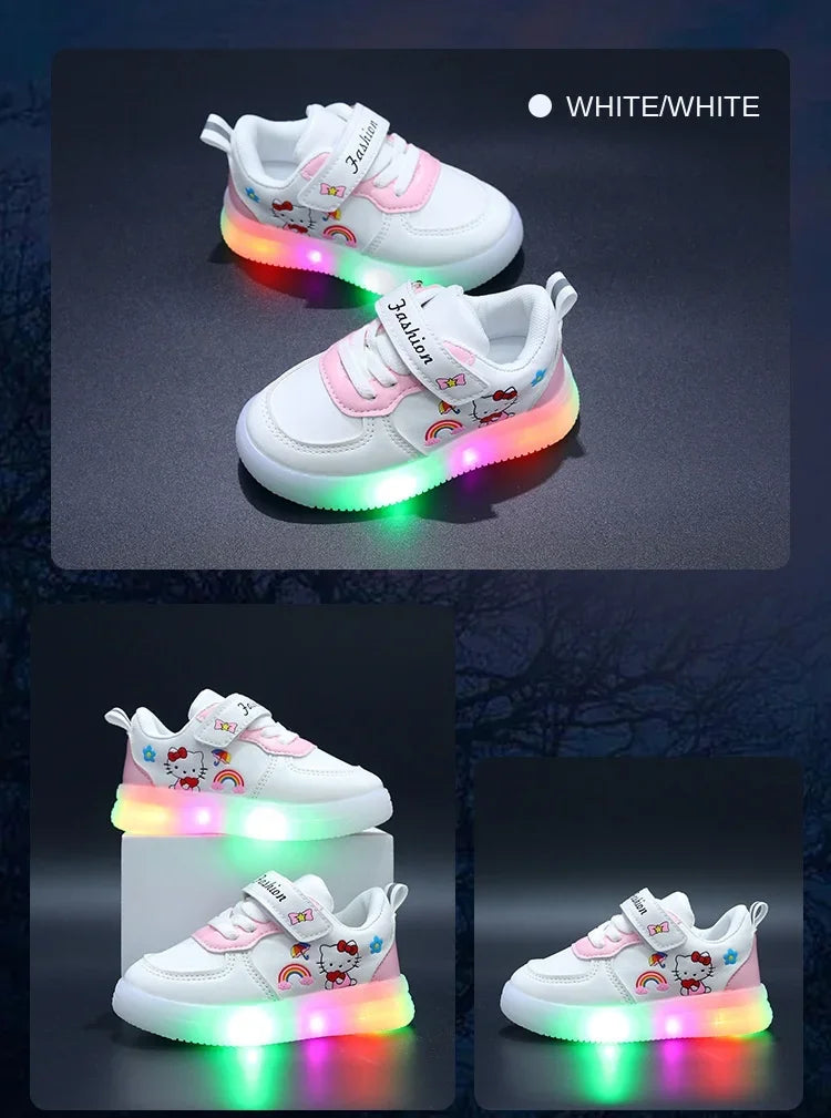 Sanrio LED Kids Shoes for Girls Cute Cartoon Hello Kitty Shoes Summer Girl Kawaii Shoes Soft Bottom Sneakers Casual Shoes