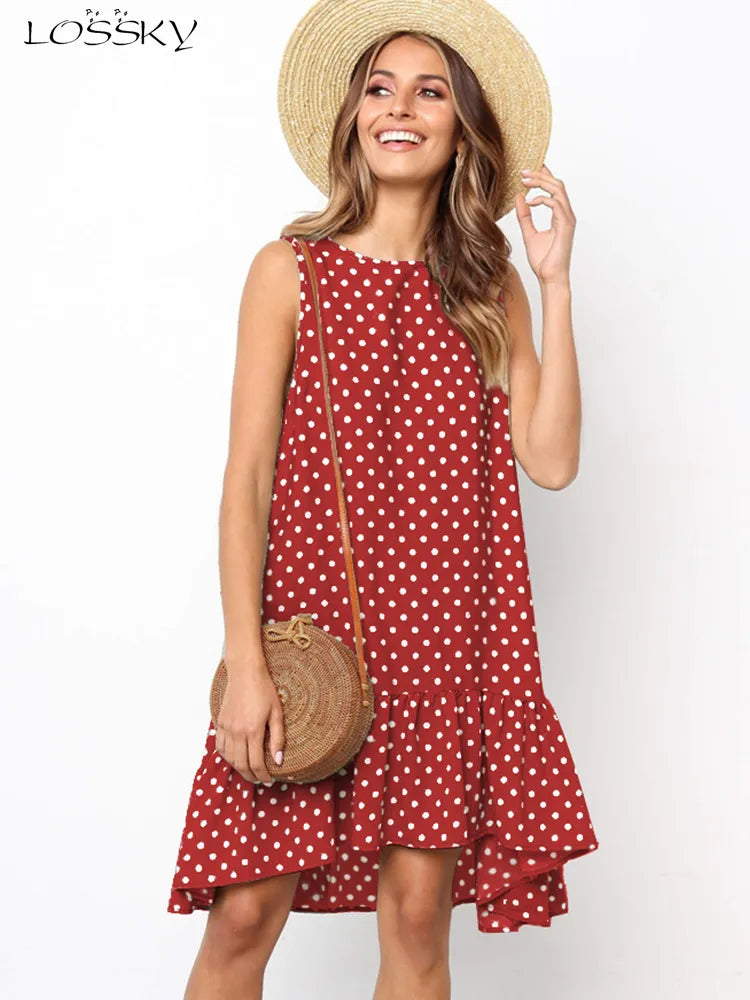 Lossky Women Summer Dress Polka Dot Chiffon Sleeveless Beach Mini Casual Yellow Sundress 2022 Fashion Dress For Women