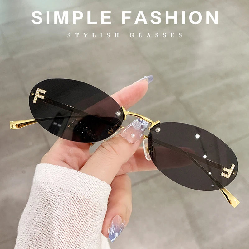 Sunglasses Women F Luxury Brand Quality Cat Eye Sun Glasses Rimless Eyewear Retro Letter Oval Sun Glasses Fashion Women's